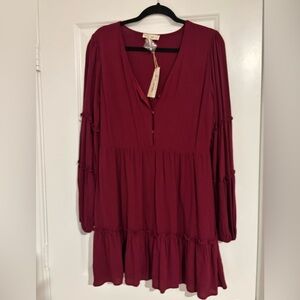 NWT New In Tiered Boho Cottagecore Wine 100% Cotton Midi Dress L